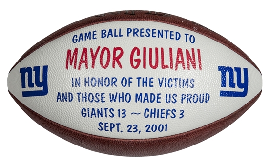 2001 New York Giants vs Kansas City Chiefs Game Used Painted 9/11 Football Presented to Mayor Giuliani 